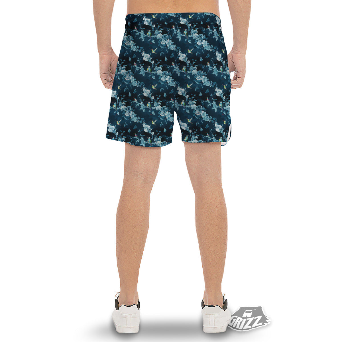Floral Hummingbird Dark Blue Print Men's Gym Shorts-grizzshop