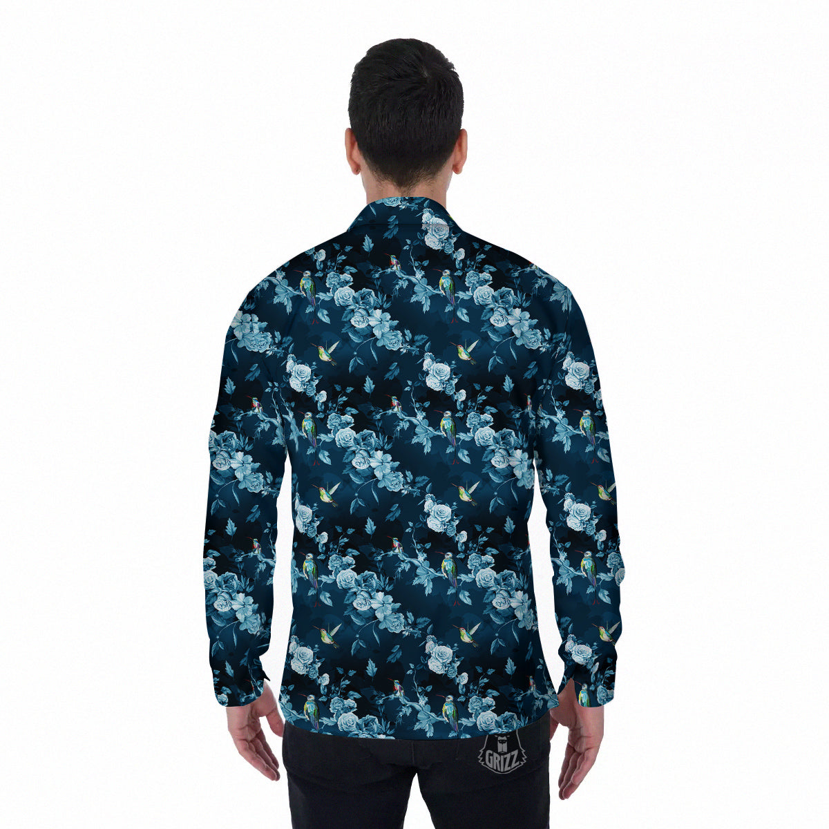Floral Hummingbird Dark Blue Print Men's Long Sleeve Shirts-grizzshop