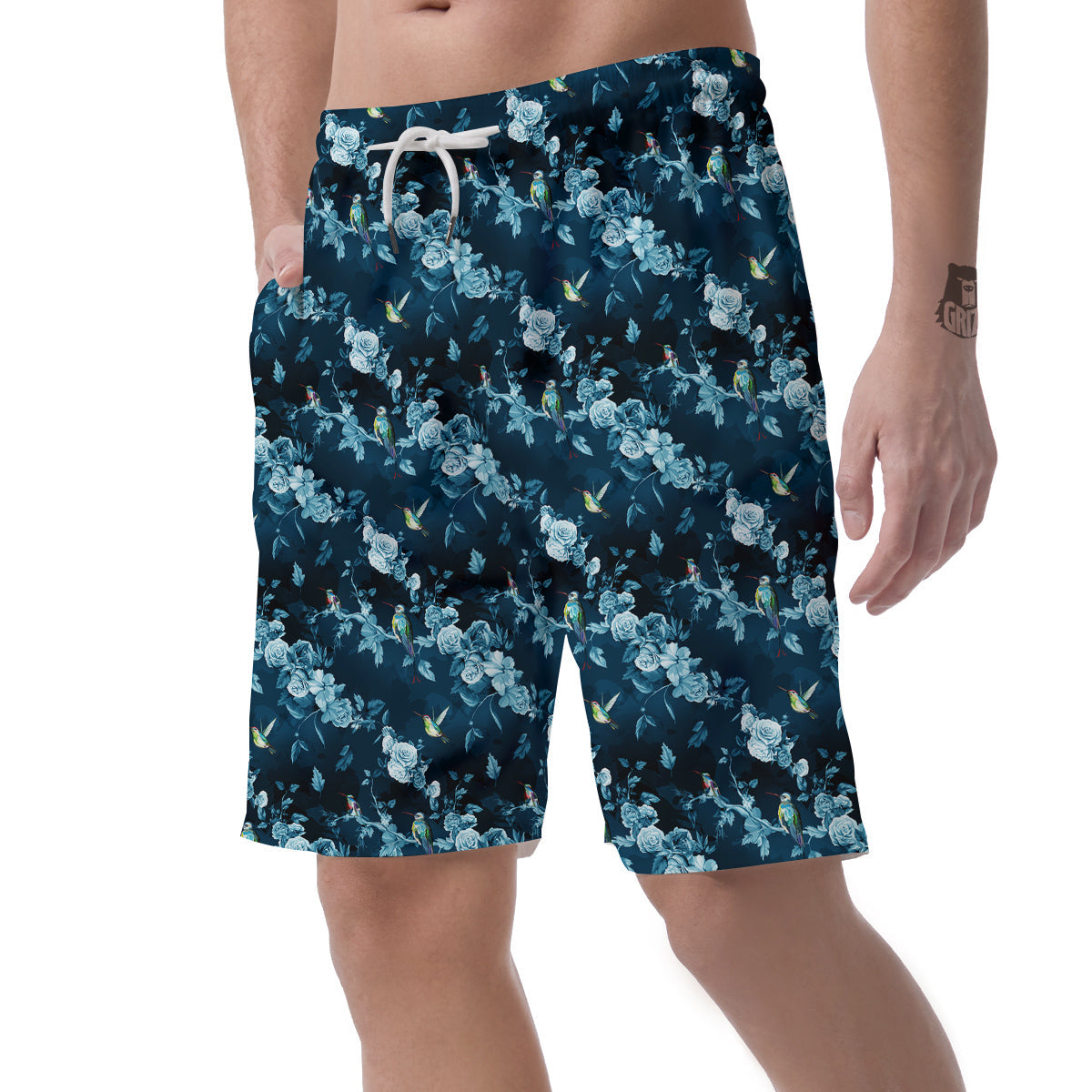 Floral Hummingbird Dark Blue Print Men's Shorts-grizzshop