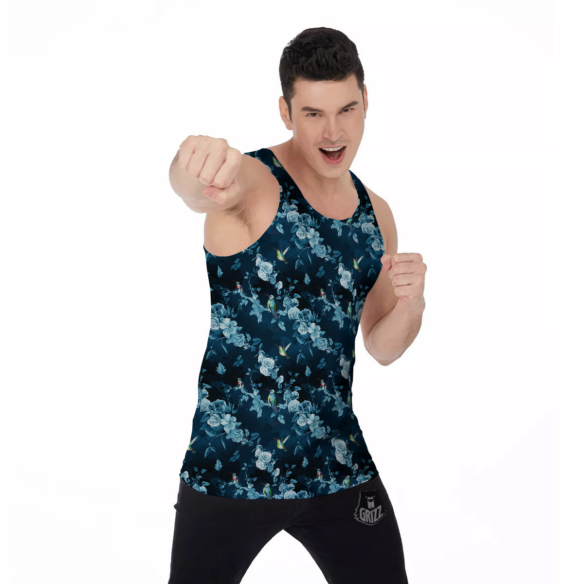 Floral Hummingbird Dark Blue Print Men's Tank Top-grizzshop