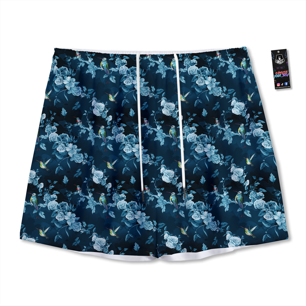 Floral Hummingbird Dark Blue Print Mesh Shorts