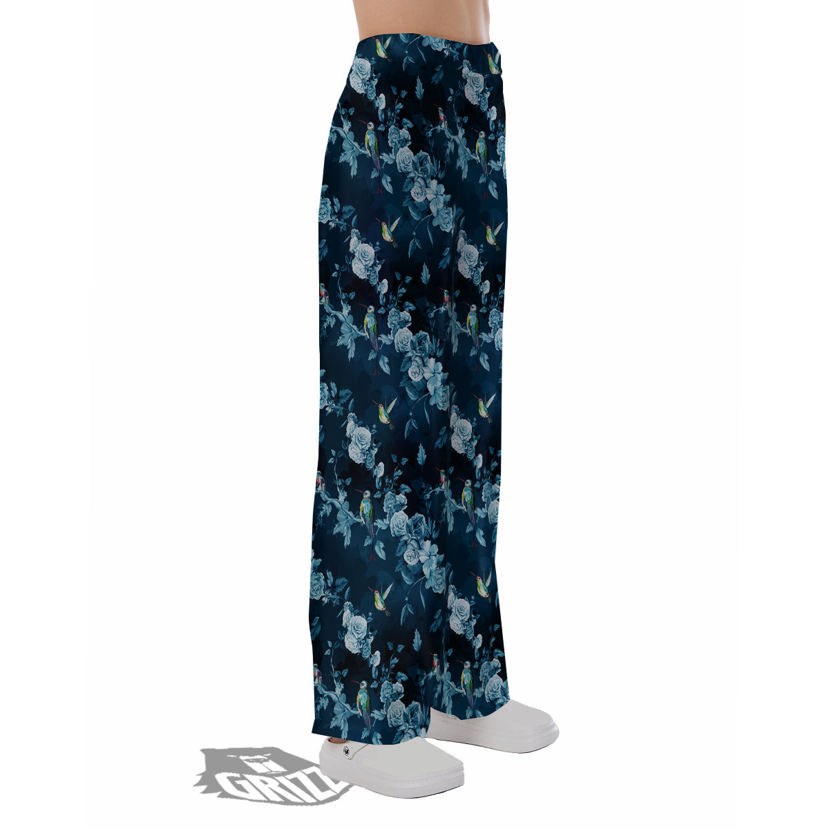 Floral Hummingbird Dark Blue Print Pajama Pants-grizzshop