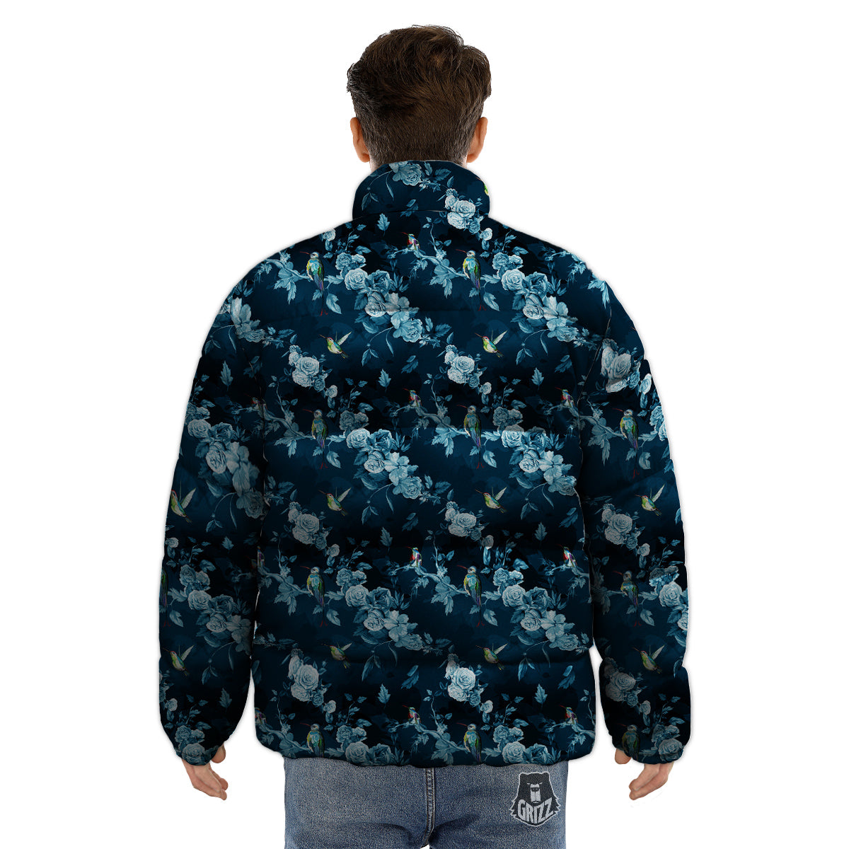 Floral Hummingbird Dark Blue Print Puffer Jacket-grizzshop