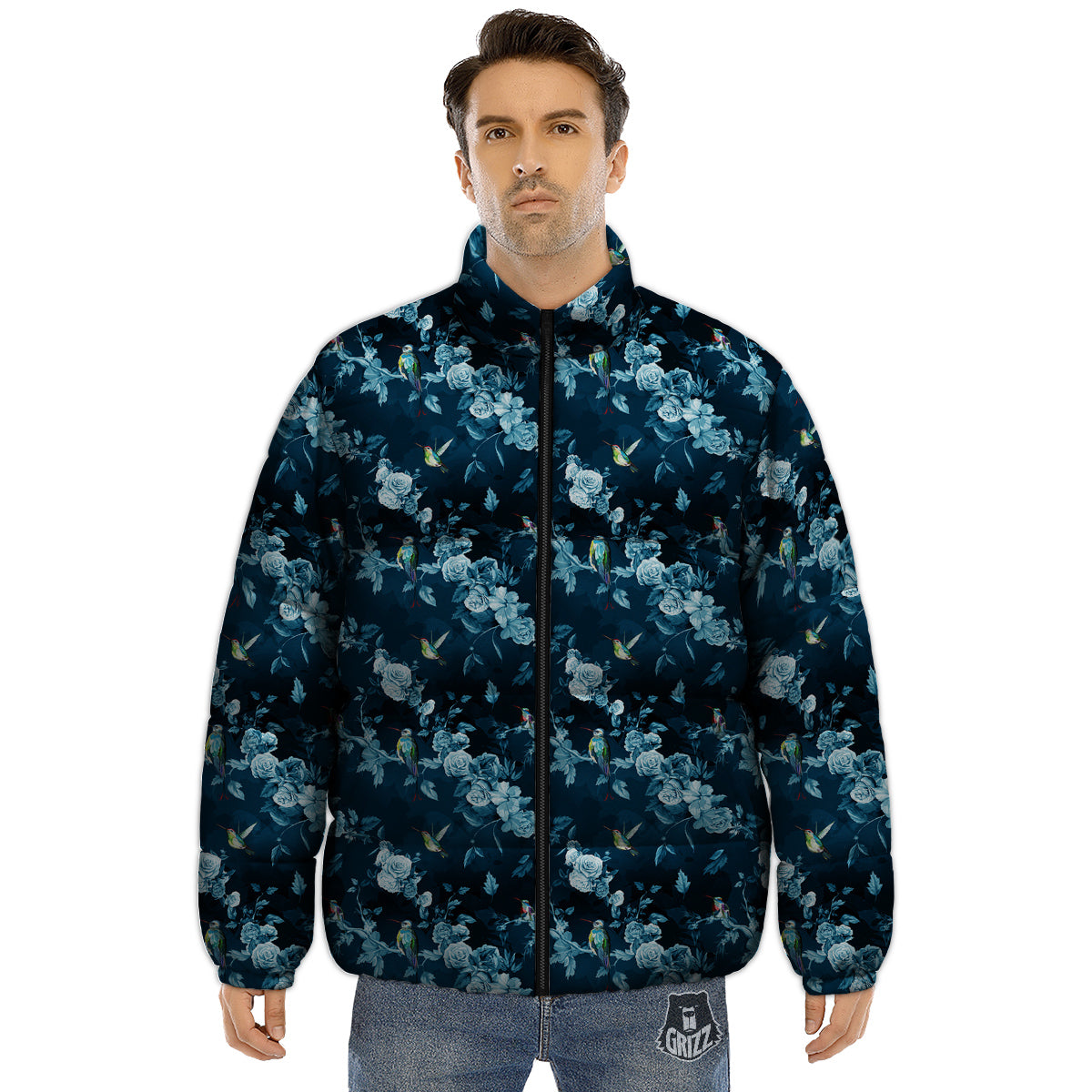 Floral Hummingbird Dark Blue Print Puffer Jacket-grizzshop