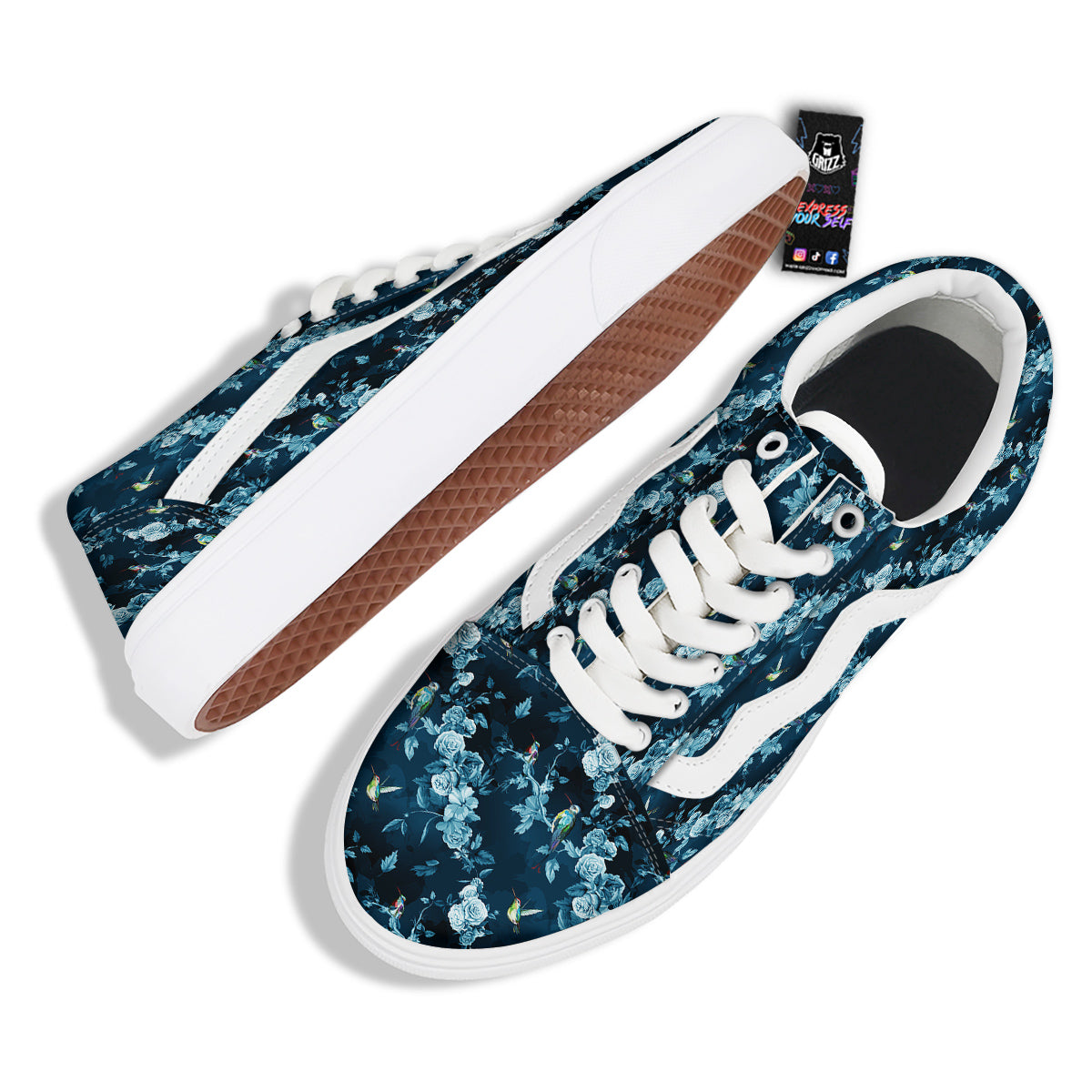 Floral Hummingbird Dark Blue Print Skate Shoes-grizzshop