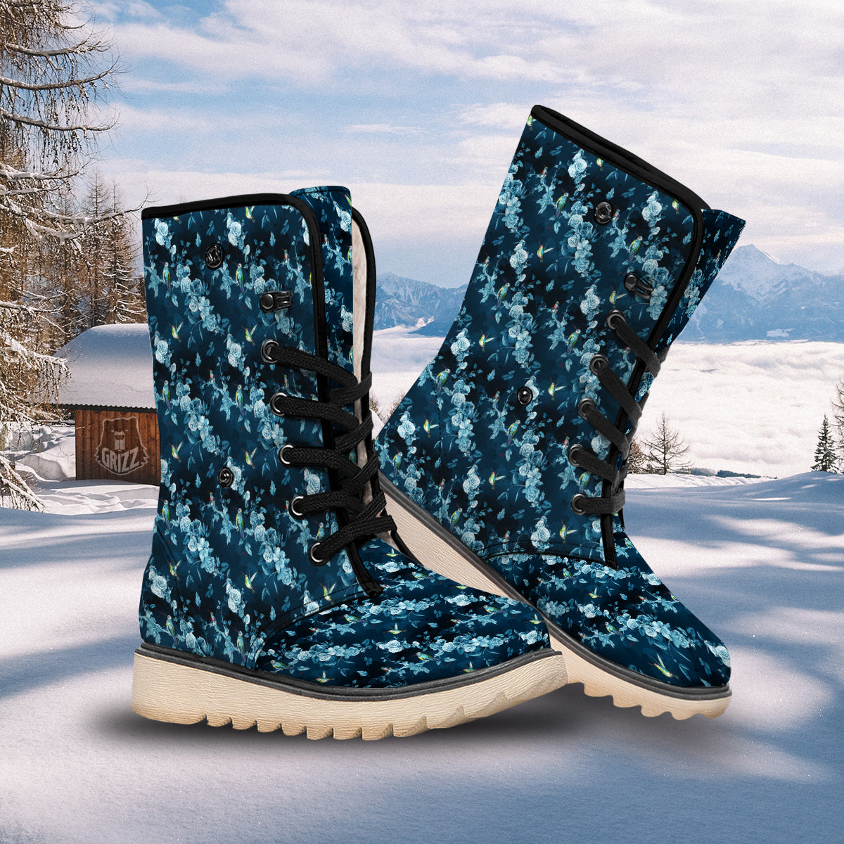 Floral Hummingbird Dark Blue Print Snow Boots-grizzshop