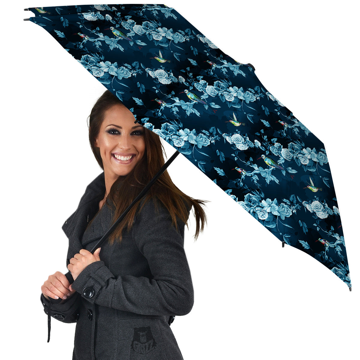 Floral Hummingbird Dark Blue Print Umbrella-grizzshop