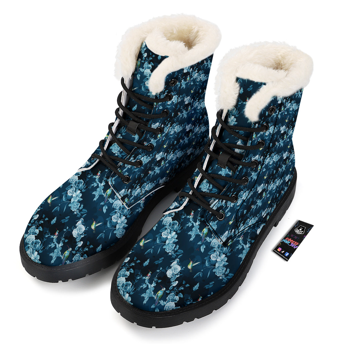 Floral Hummingbird Dark Blue Print Winter Boots-grizzshop
