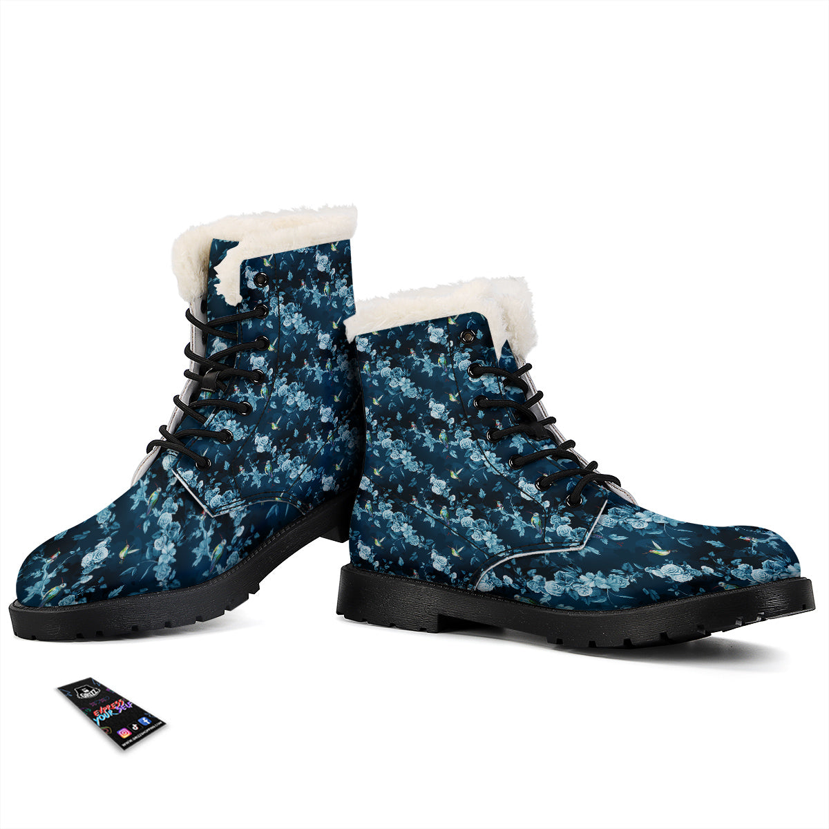Floral Hummingbird Dark Blue Print Winter Boots-grizzshop