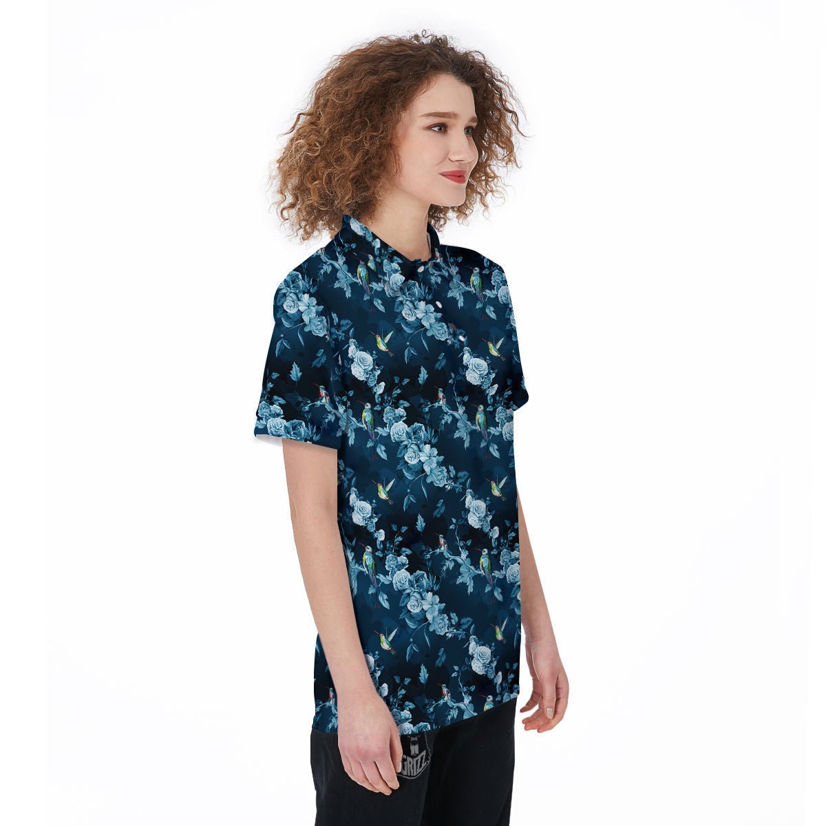 Floral Hummingbird Dark Blue Print Women's Golf Shirts-grizzshop