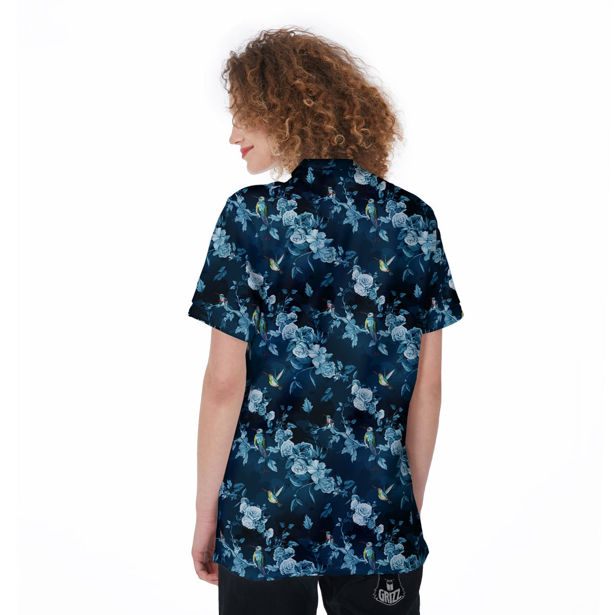 Floral Hummingbird Dark Blue Print Women's Golf Shirts-grizzshop