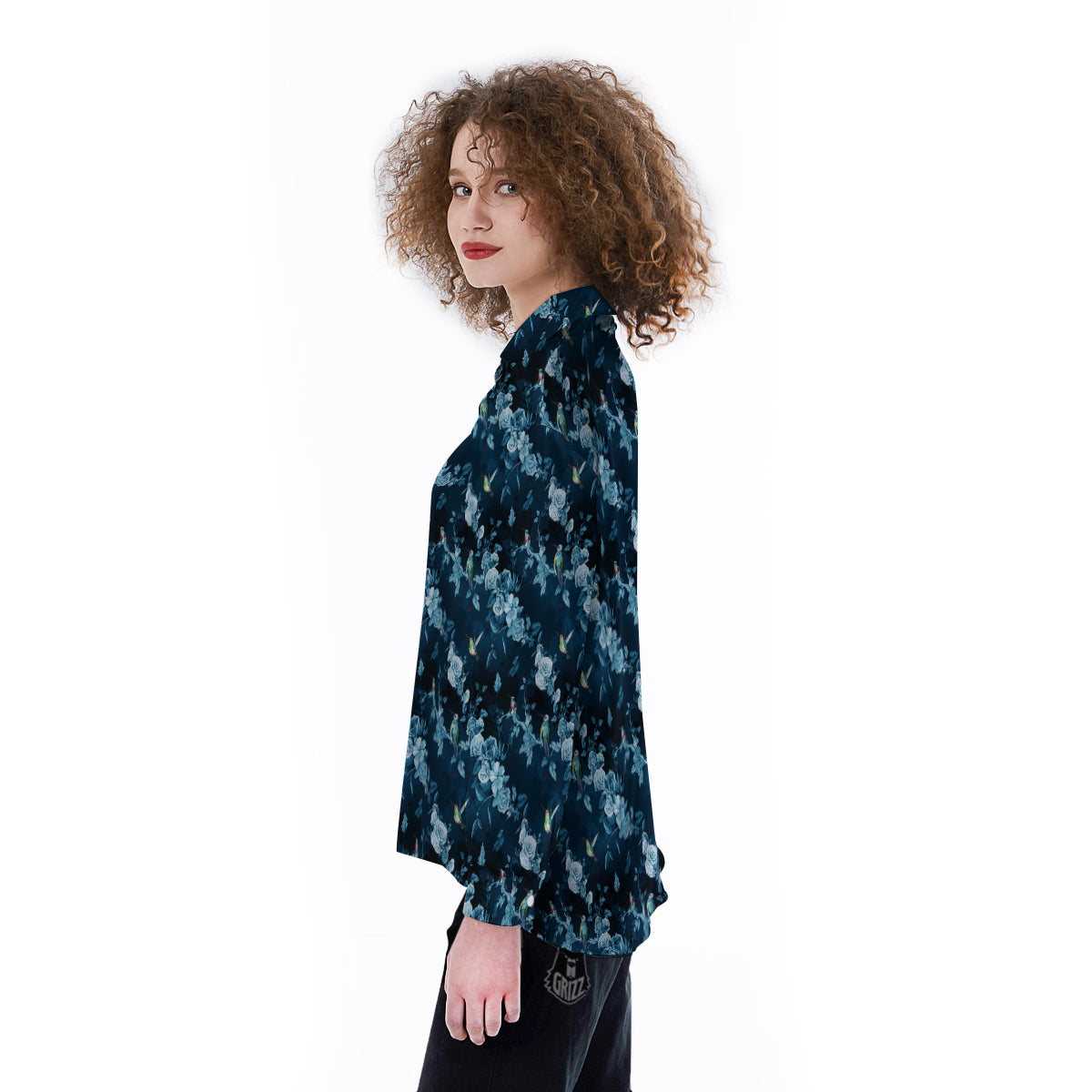 Floral Hummingbird Dark Blue Print Women's Long Sleeve Shirts-grizzshop