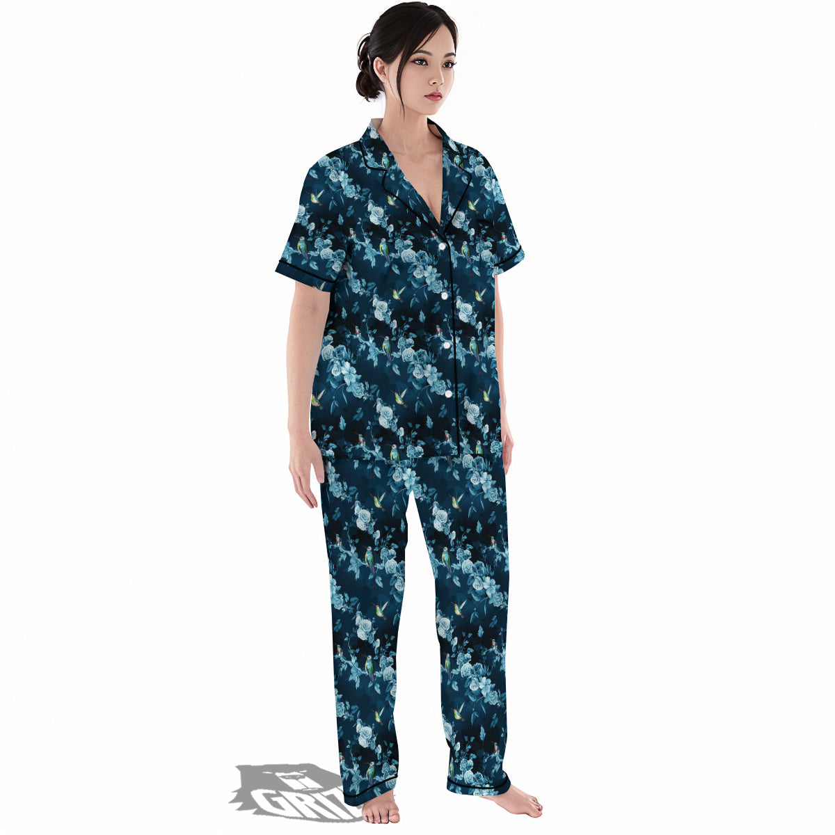 Floral Hummingbird Dark Blue Print Women's Pajamas Set-grizzshop