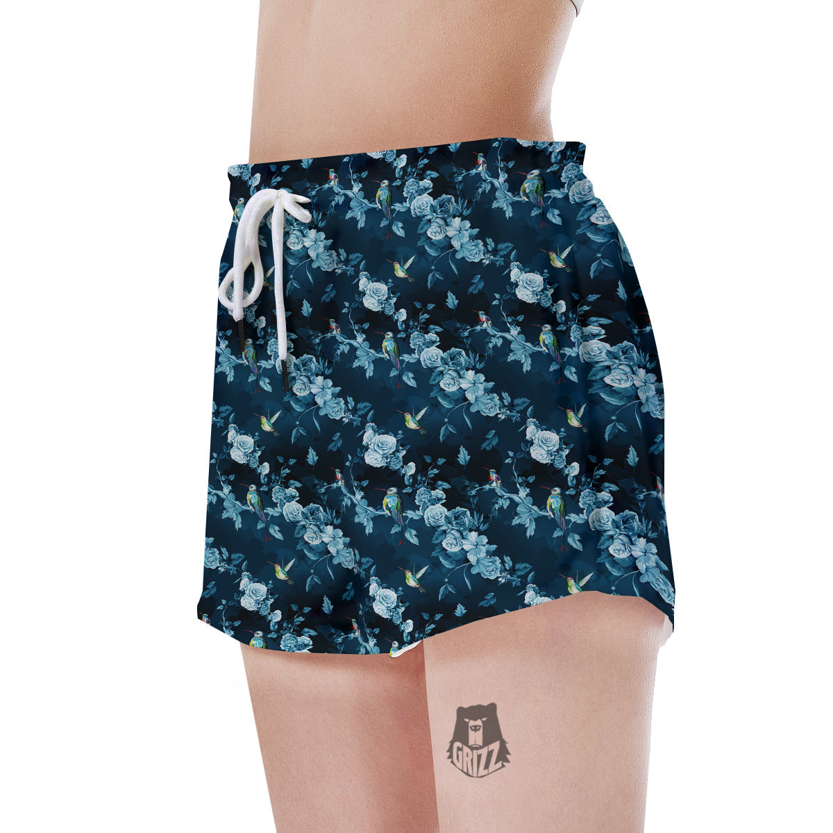 Floral Hummingbird Dark Blue Print Women's Shorts-grizzshop