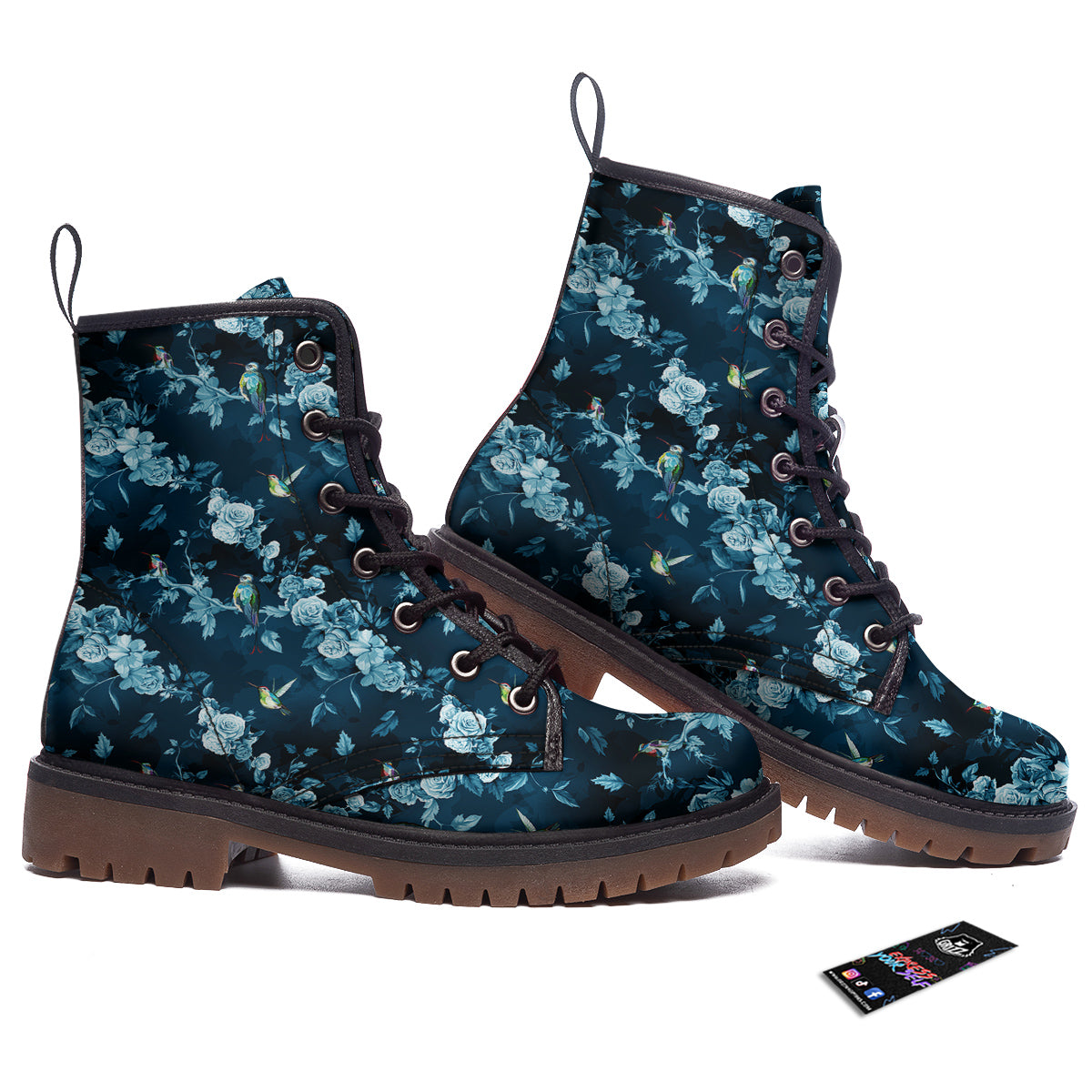 Floral Hummingbird Dark Blue Print Work Boots-grizzshop