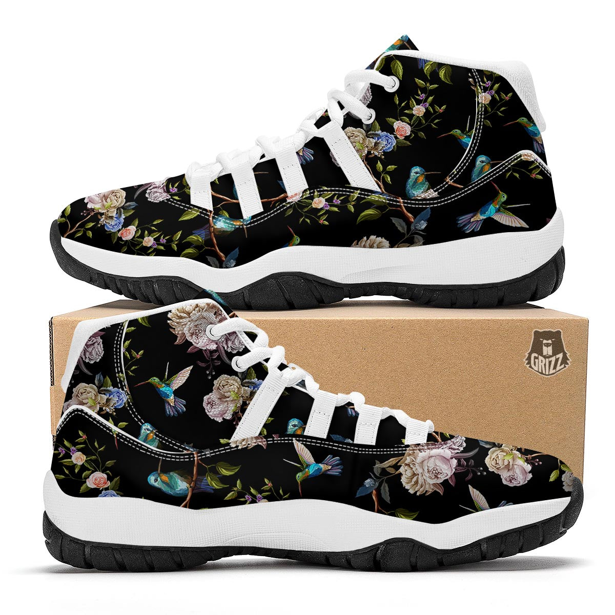 Floral Hummingbird White Bball Shoes-grizzshop