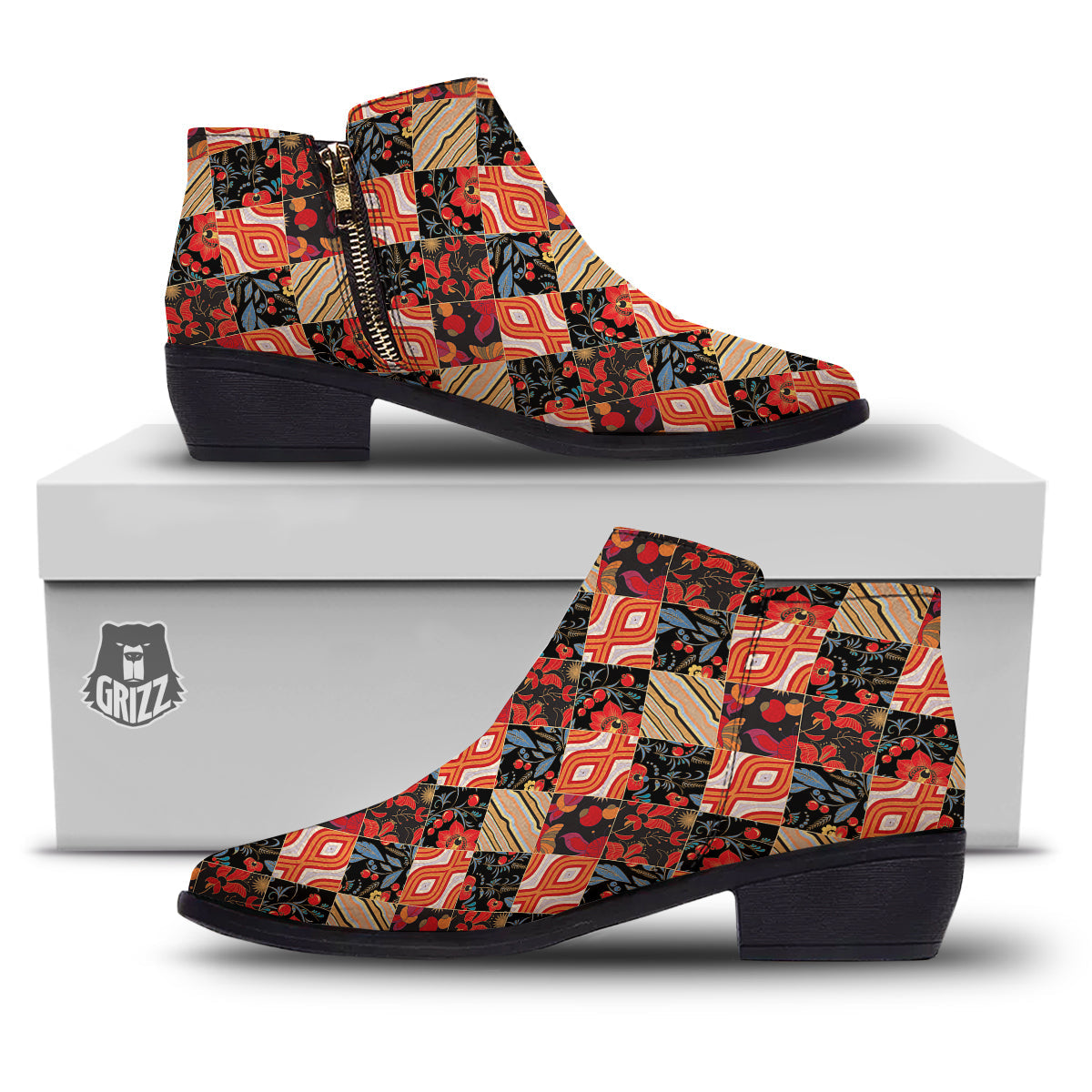 Floral Indian Patchwork Print Pattern Ankle Boots-grizzshop