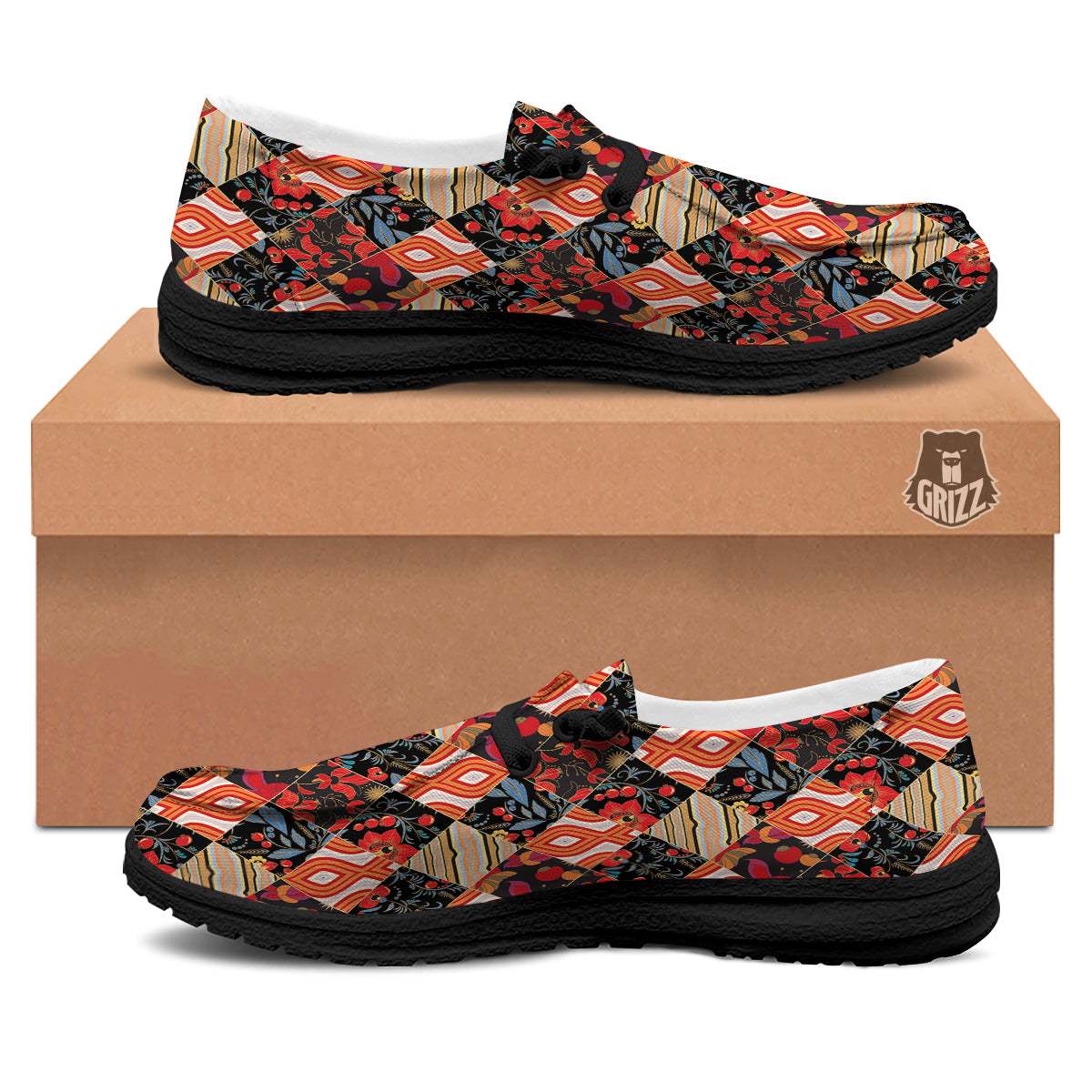 Floral Indian Patchwork Print Pattern Black Loafers-grizzshop