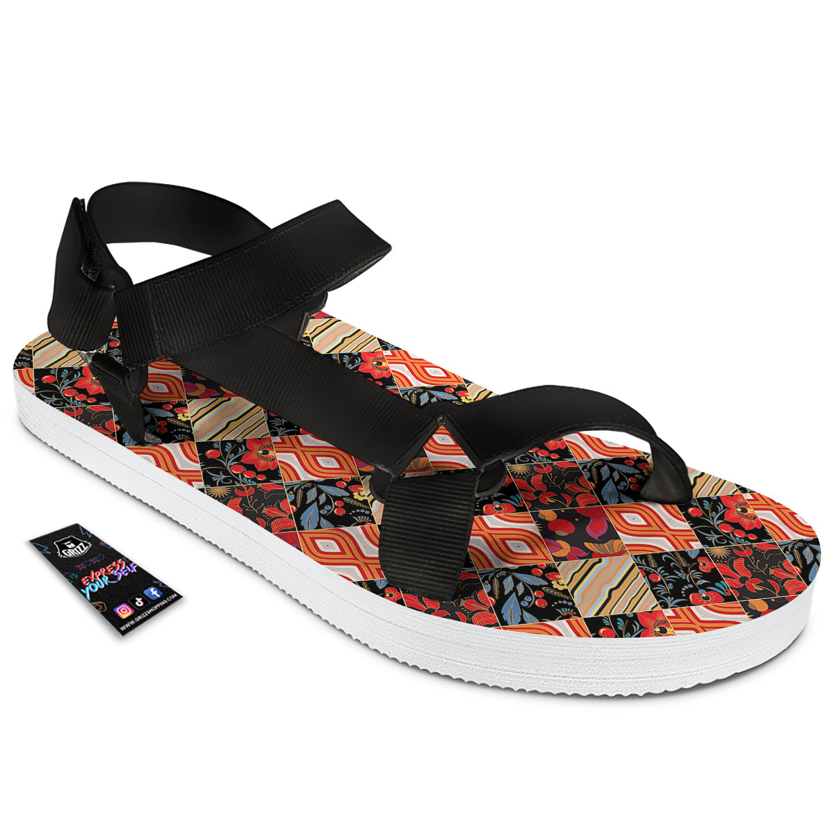 Floral Indian Patchwork Print Pattern Black Open Toe Sandals-grizzshop