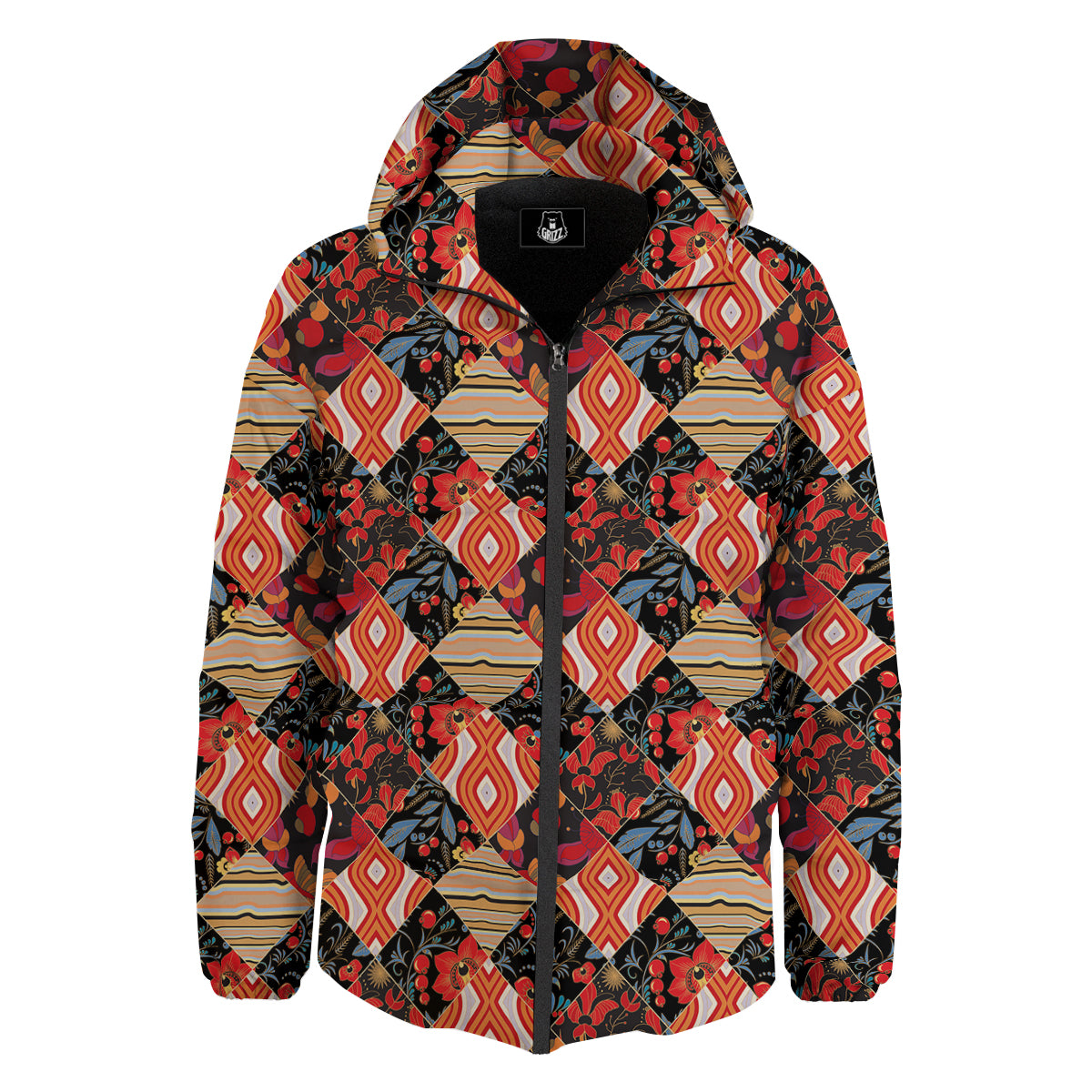 Floral Indian Patchwork Print Pattern Down Jacket-grizzshop