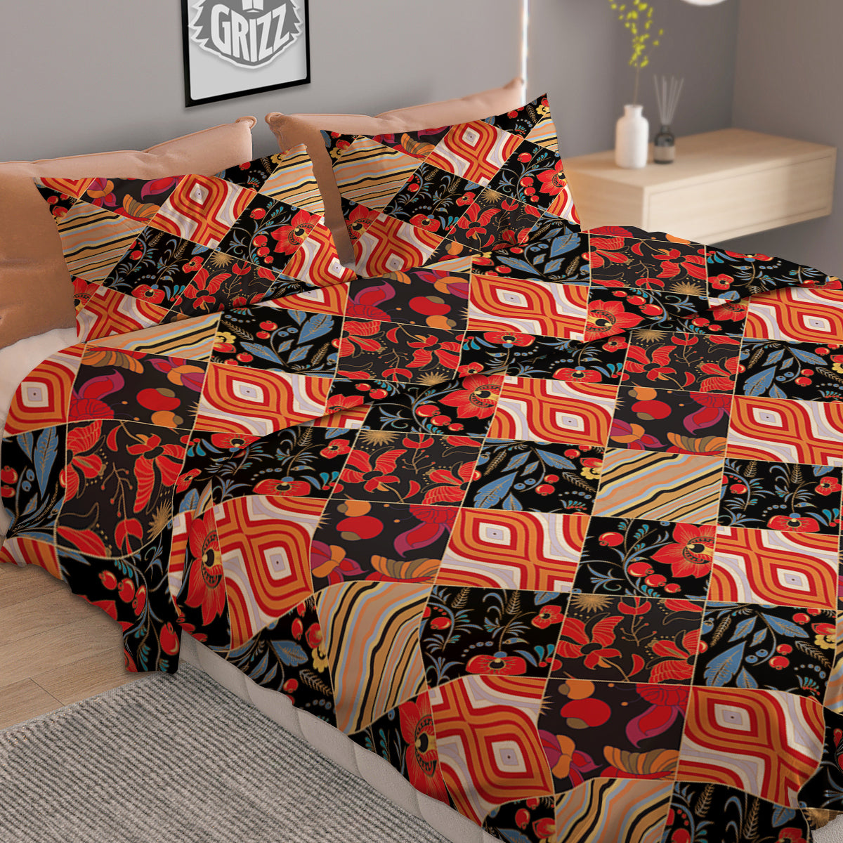 Floral Indian Patchwork Print Pattern Duvet Cover Bedding Set-grizzshop