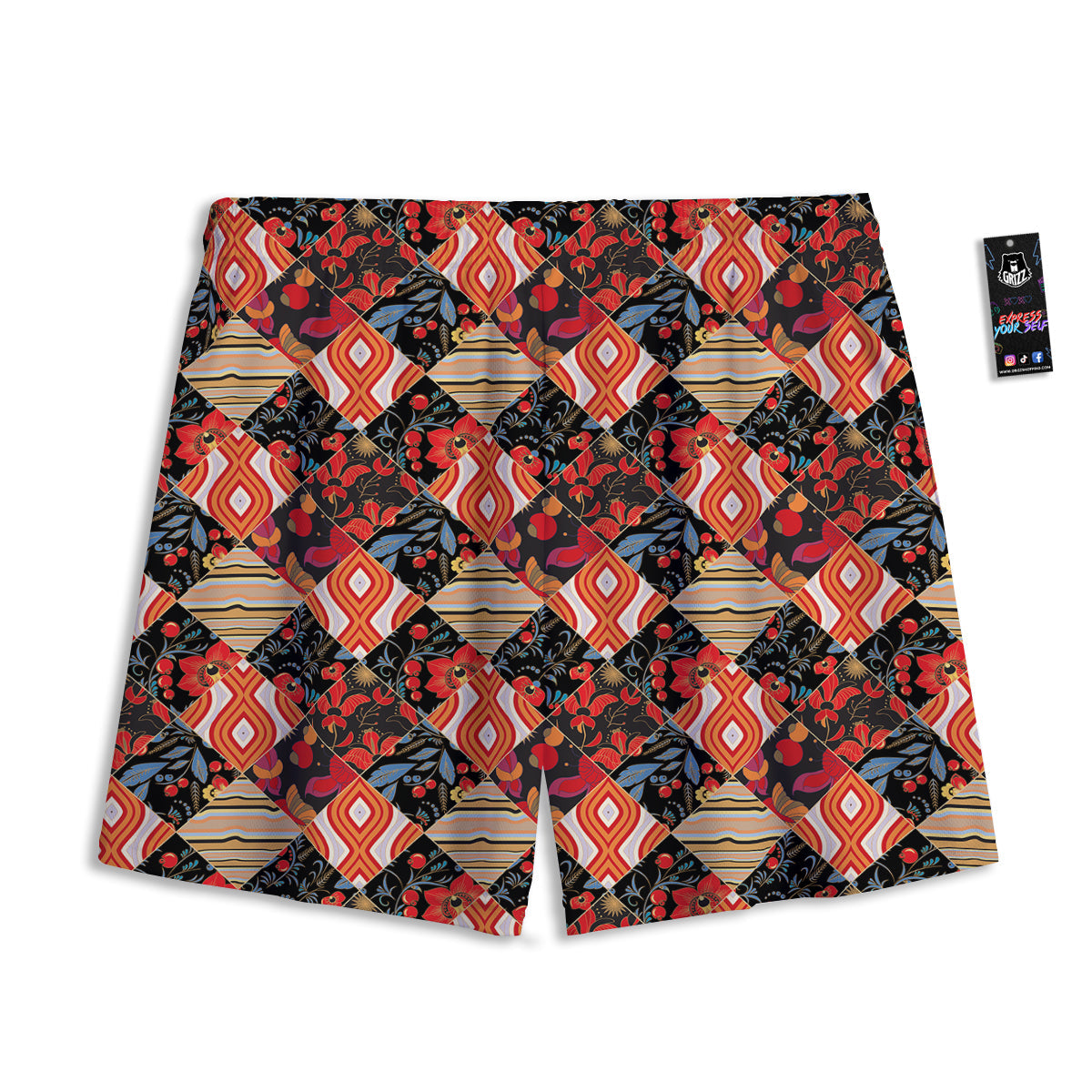 Floral Indian Patchwork Print Pattern Mesh Shorts-grizzshop