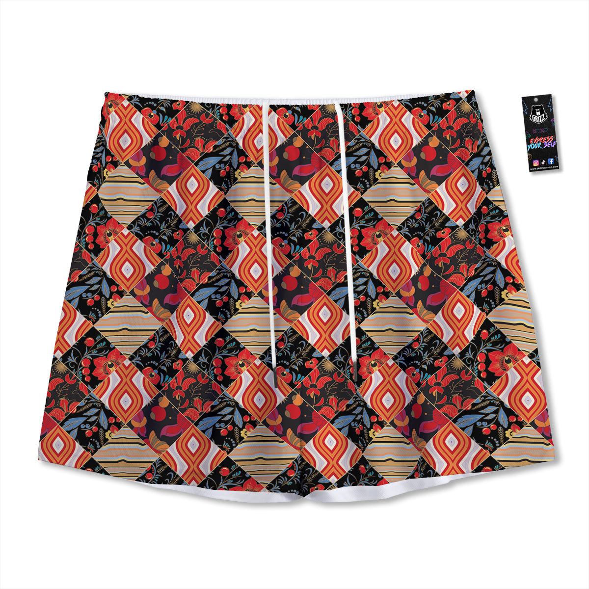 Floral Indian Patchwork Print Pattern Mesh Shorts-grizzshop