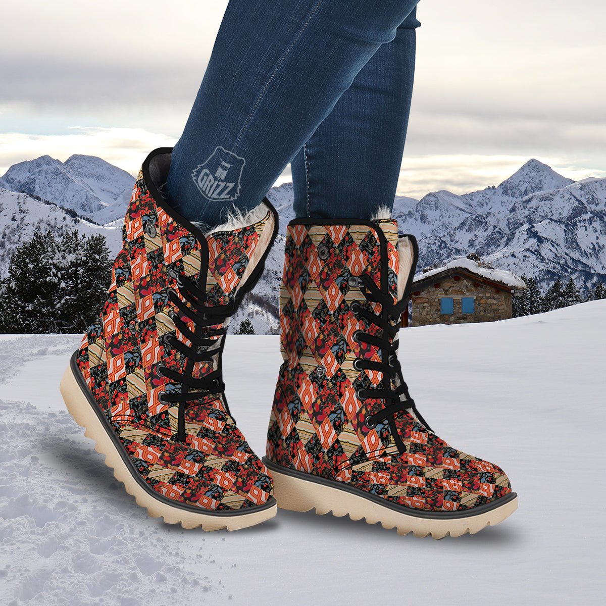 Floral Indian Patchwork Print Pattern Snow Boots-grizzshop
