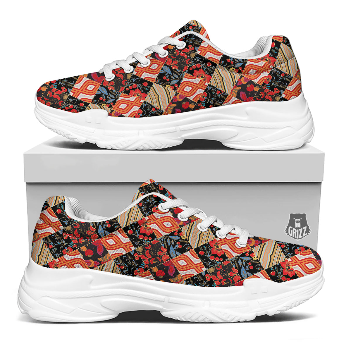 Floral Indian Patchwork Print Pattern White Chunky Shoes-grizzshop