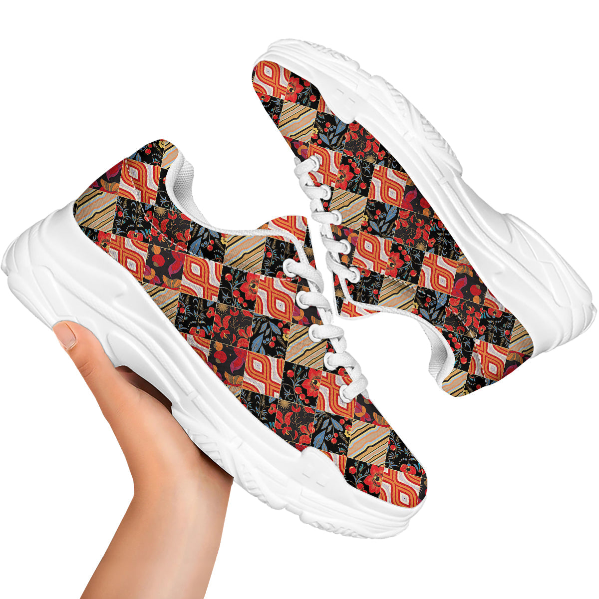 Floral Indian Patchwork Print Pattern White Chunky Shoes-grizzshop