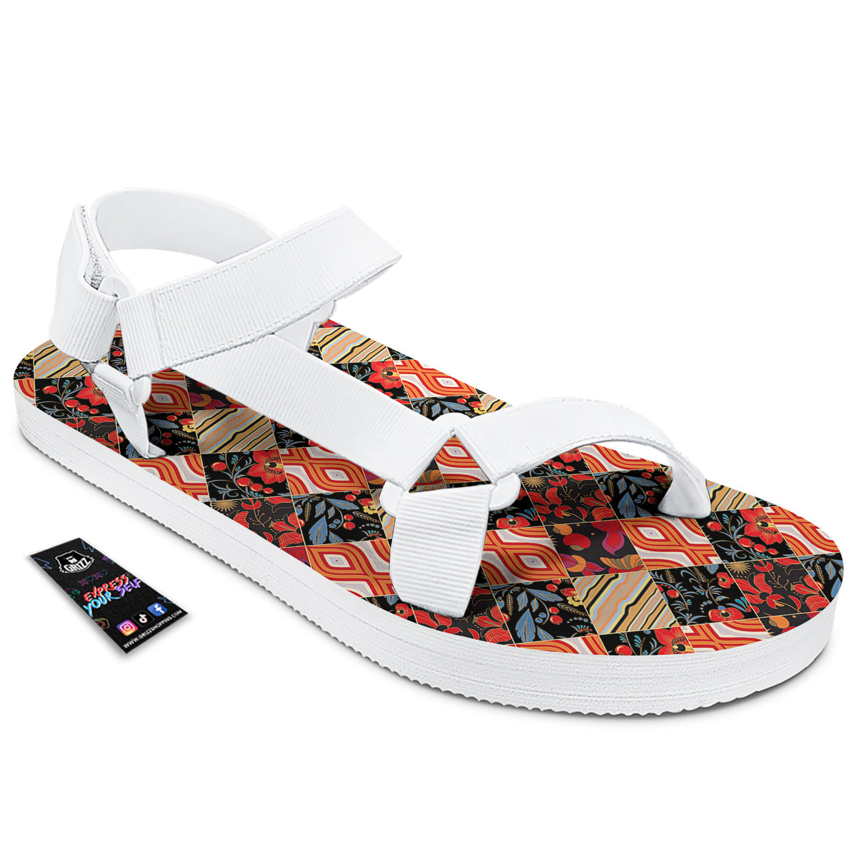 Floral Indian Patchwork Print Pattern White Open Toe Sandals-grizzshop