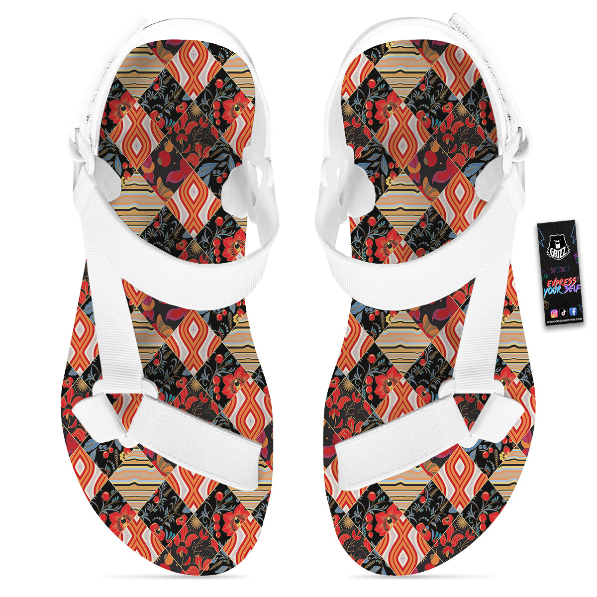 Floral Indian Patchwork Print Pattern White Open Toe Sandals-grizzshop