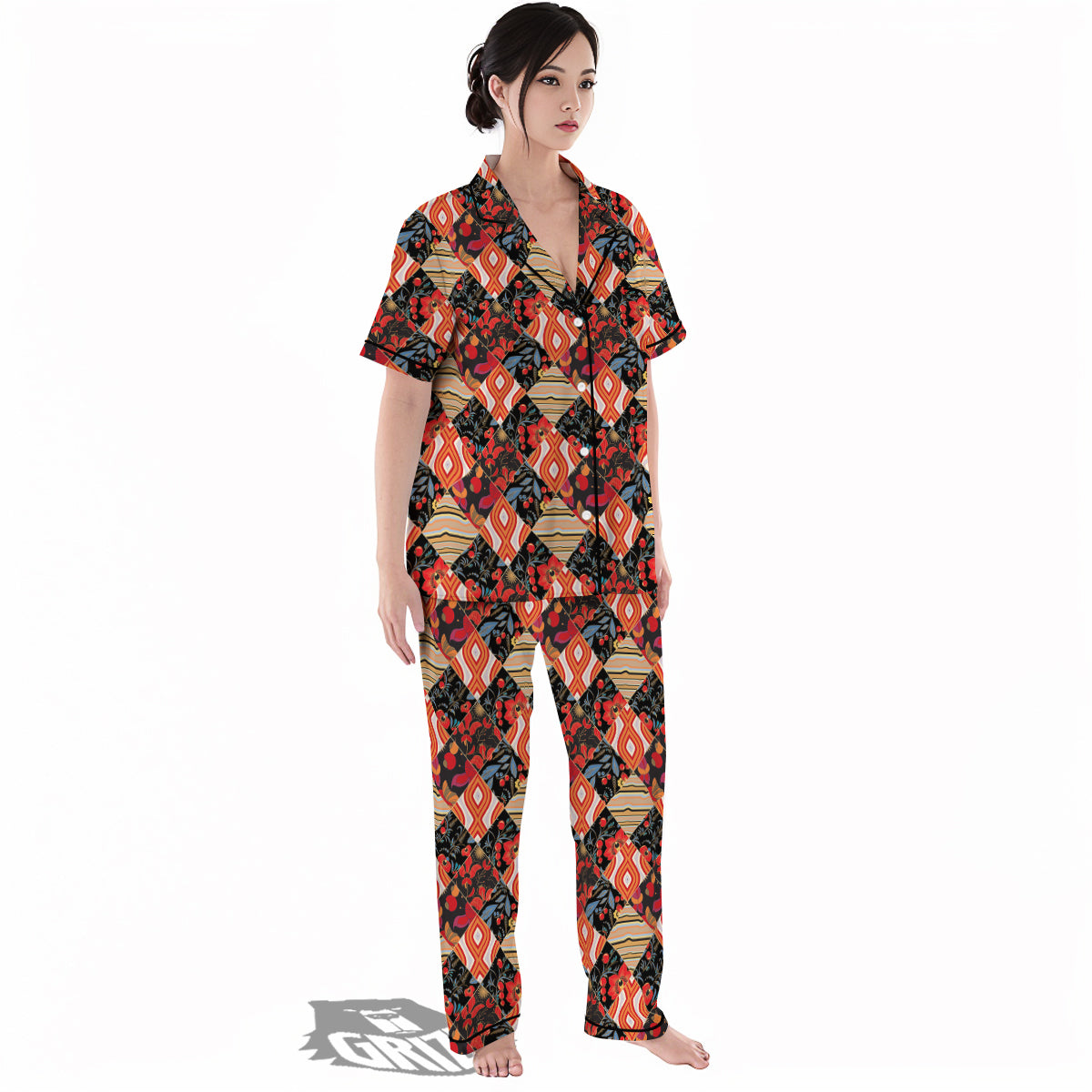 Floral Indian Patchwork Print Pattern Women's Pajamas Set-grizzshop