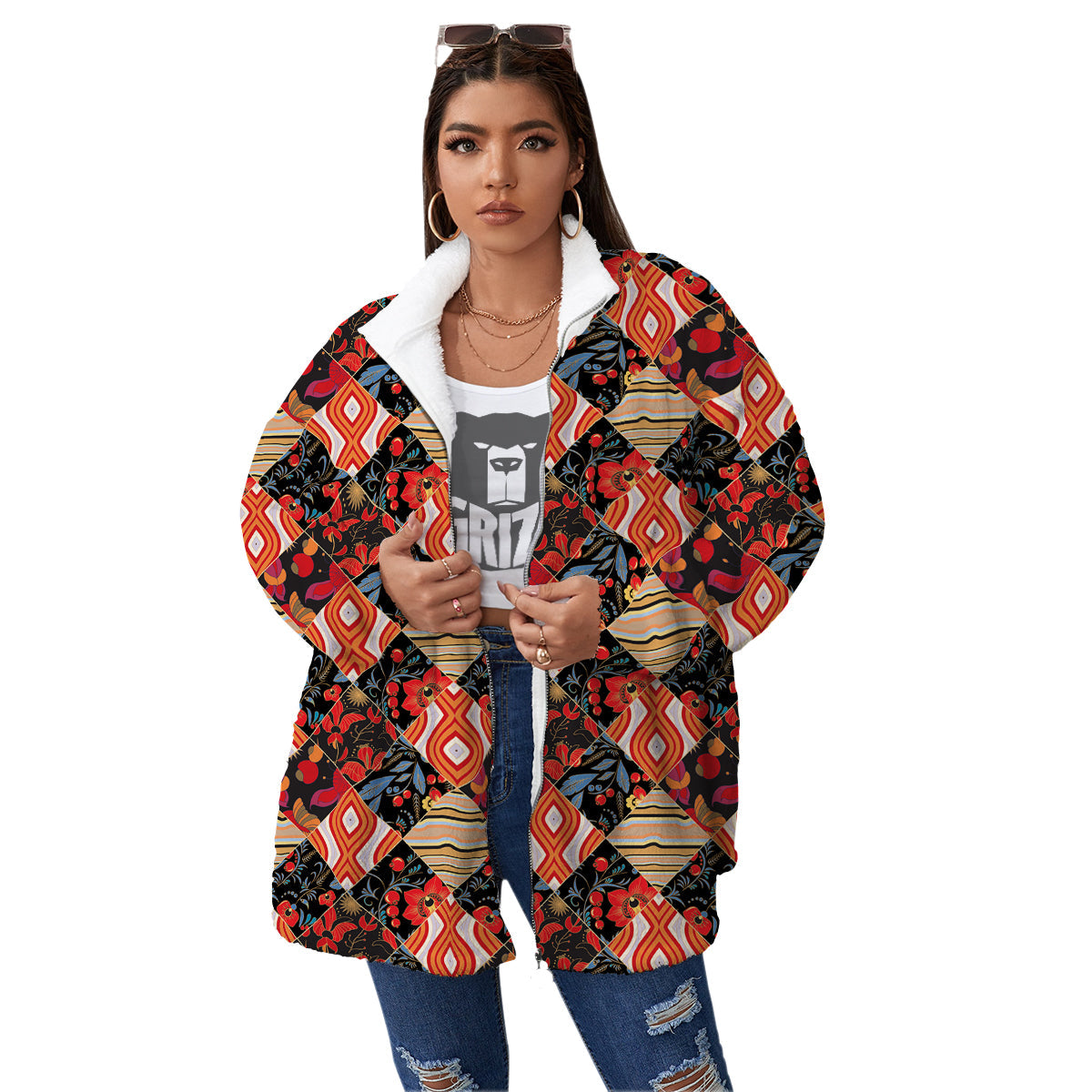 Floral Indian Patchwork Print Pattern Women's Sherpa Jacket-grizzshop