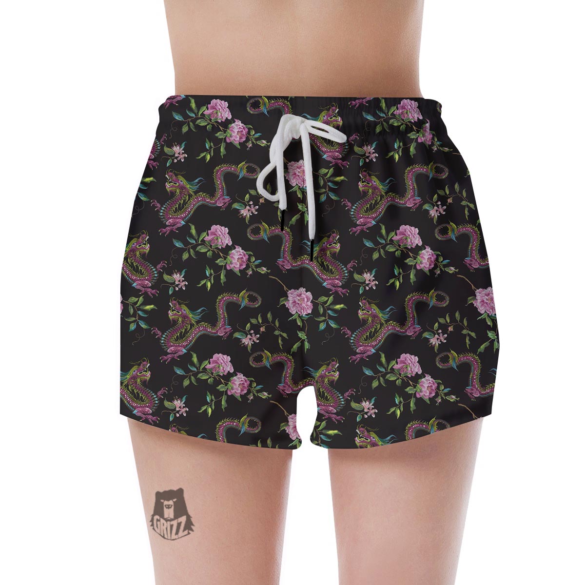 Floral Janpanese Dragon Print Women's Shorts-grizzshop