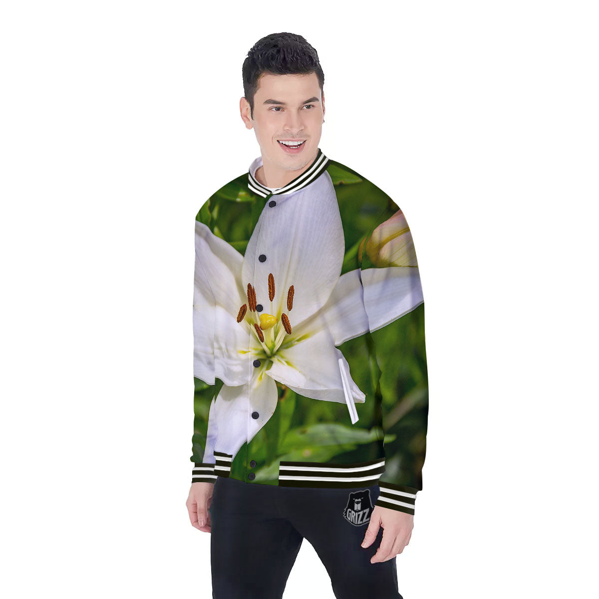 Floral Lily Print Baseball Jacket-grizzshop