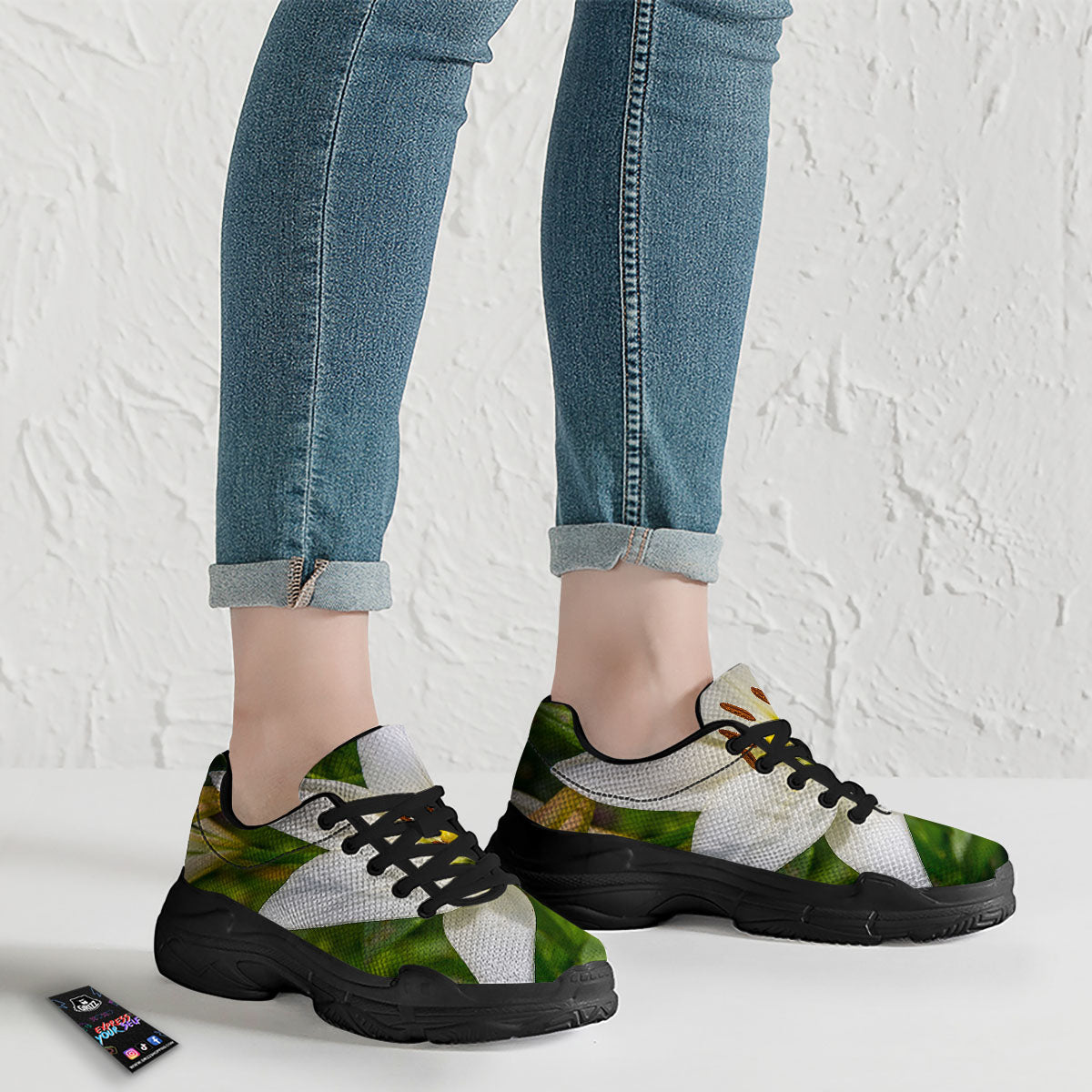Floral Lily Print Black Chunky Shoes-grizzshop
