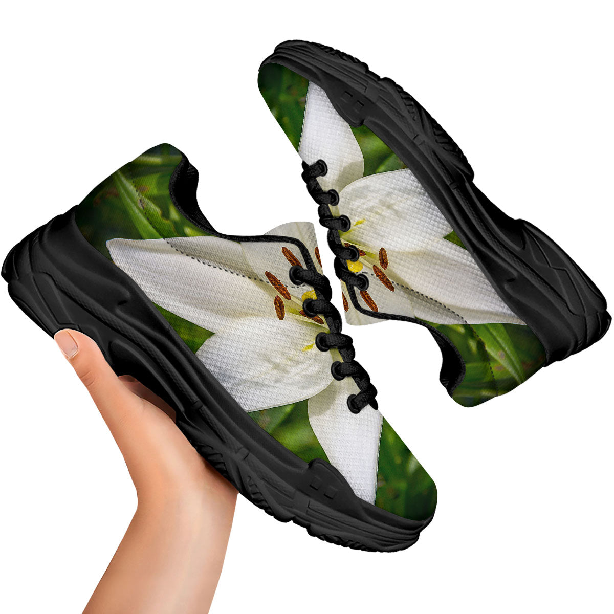 Floral Lily Print Black Chunky Shoes-grizzshop