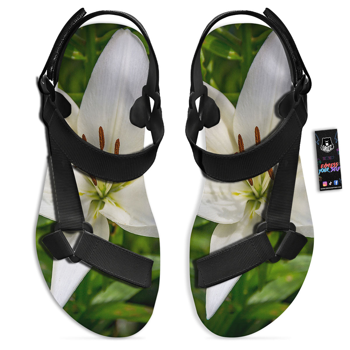 Floral Lily Print Black Open Toe Sandals-grizzshop