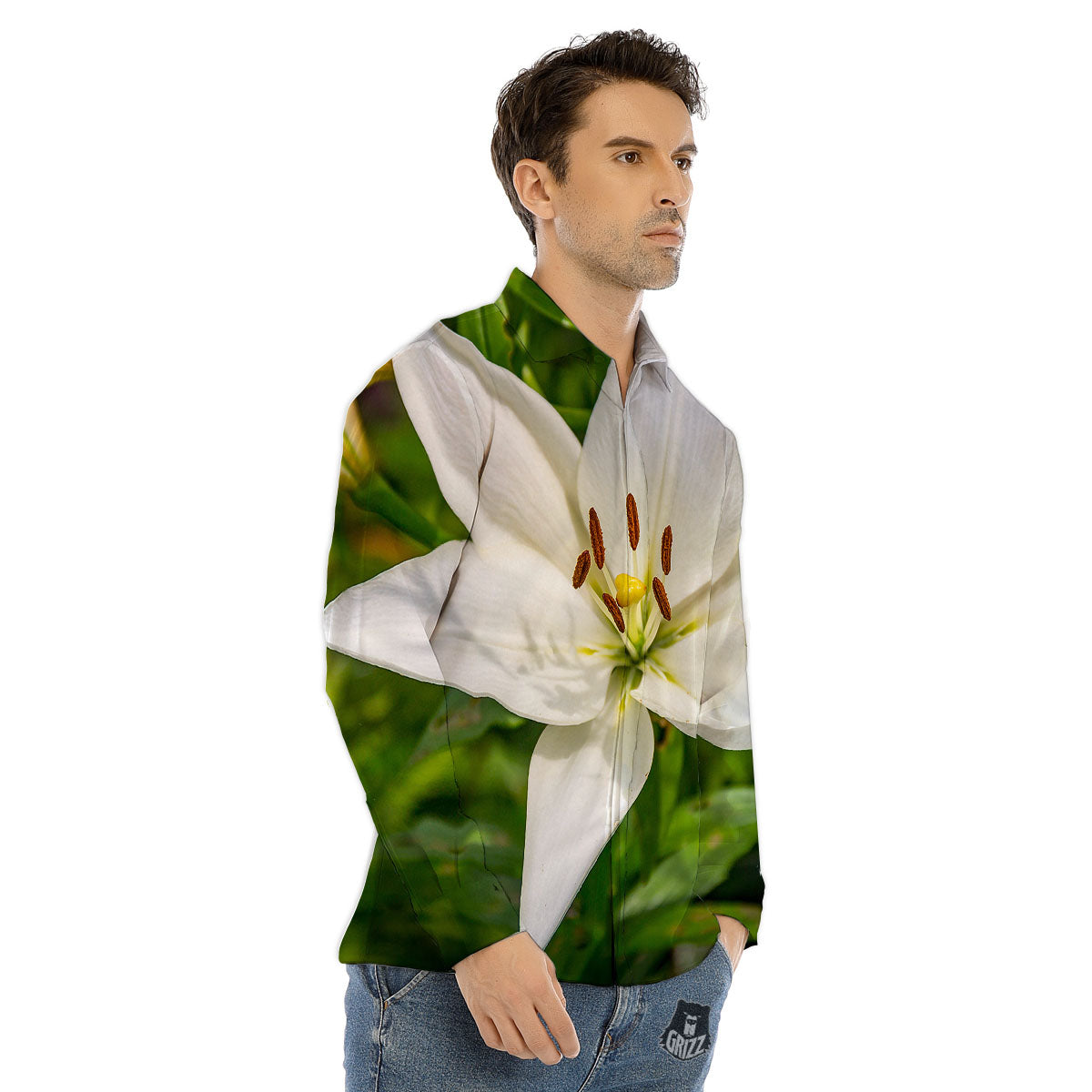 Floral Lily Print Men's Dress Shirts-grizzshop