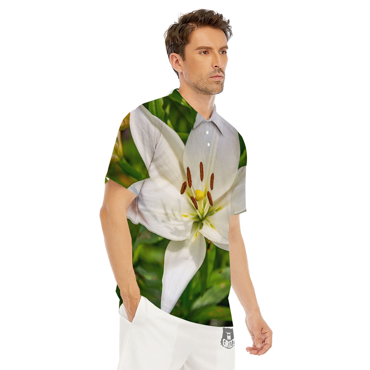 Floral Lily Print Men's Golf Shirts-grizzshop