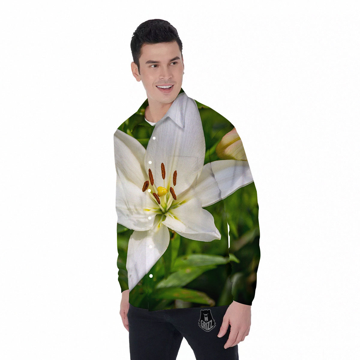 Floral Lily Print Men's Long Sleeve Shirts-grizzshop