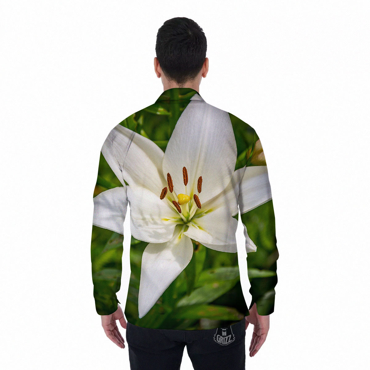 Floral Lily Print Men's Long Sleeve Shirts-grizzshop