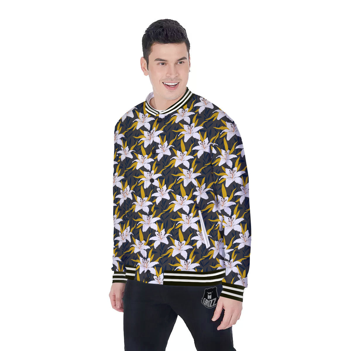 Floral Lily Print Pattern Baseball Jacket-grizzshop