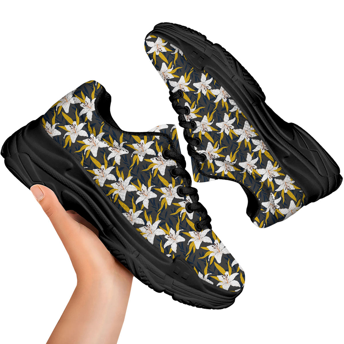 Floral Lily Print Pattern Black Chunky Shoes-grizzshop