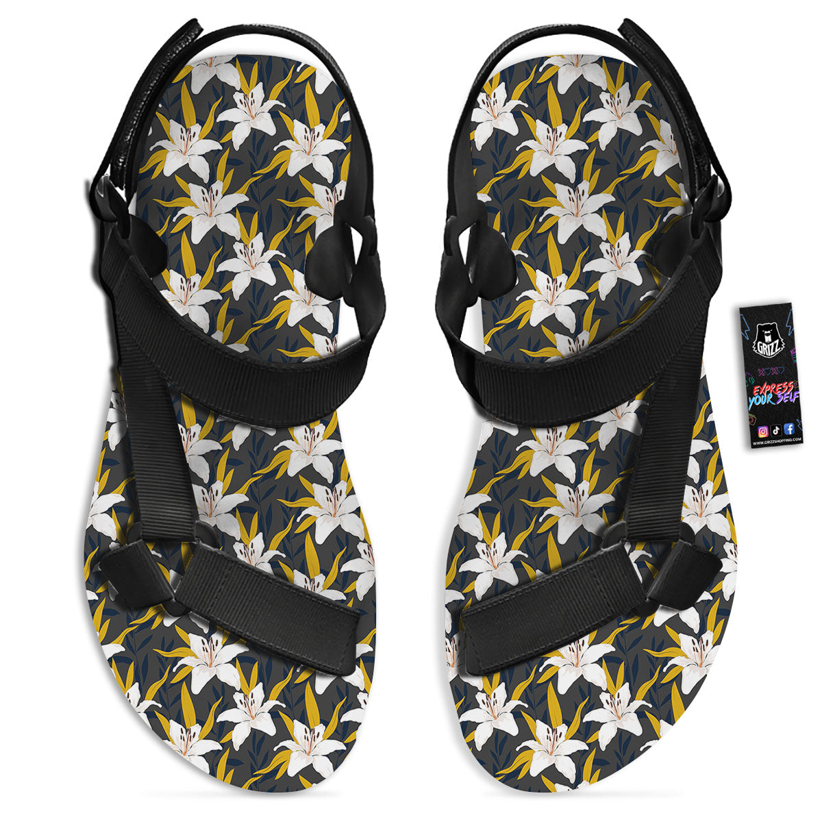 Floral Lily Print Pattern Black Open Toe Sandals-grizzshop