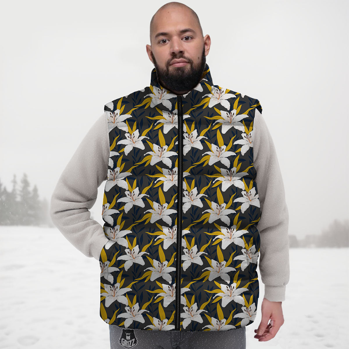 Floral Lily Print Pattern Down Vest-grizzshop