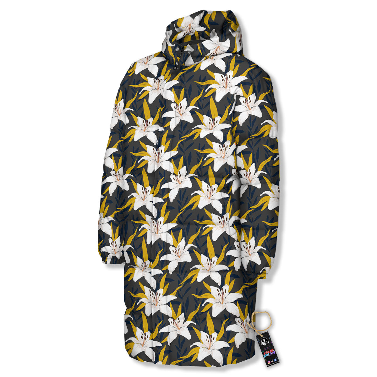 Floral Lily Print Pattern Long Down Jacket-grizzshop
