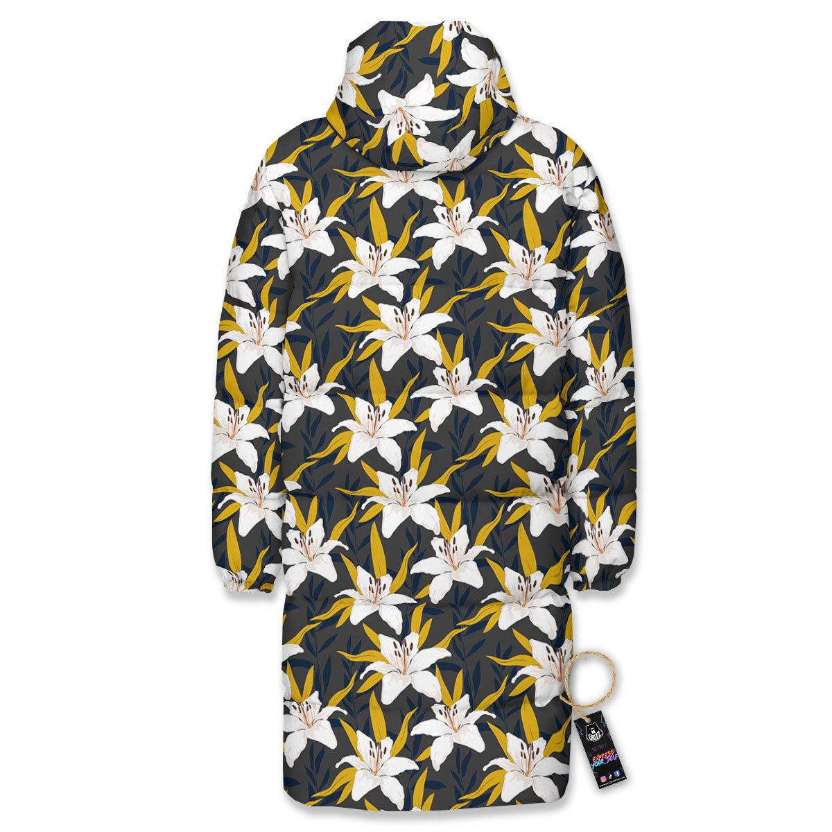 Floral Lily Print Pattern Long Down Jacket-grizzshop
