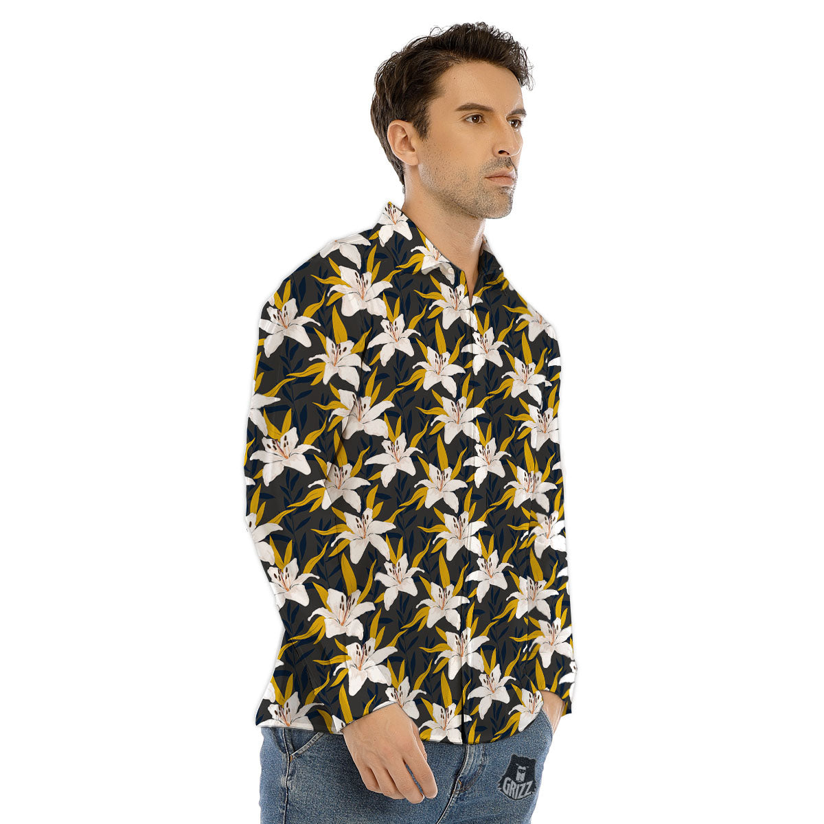 Floral Lily Print Pattern Men's Dress Shirts-grizzshop